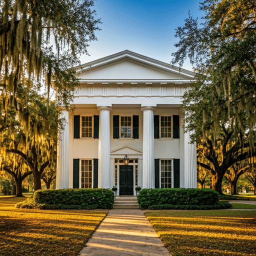 Greek revival facade at sunset